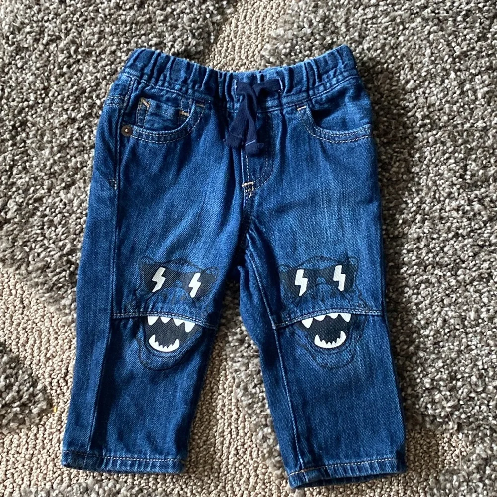 babyGap Baby Boy Dark Wash Slim Denim Blue Jeans Dinosaur Knees 6-12 Months